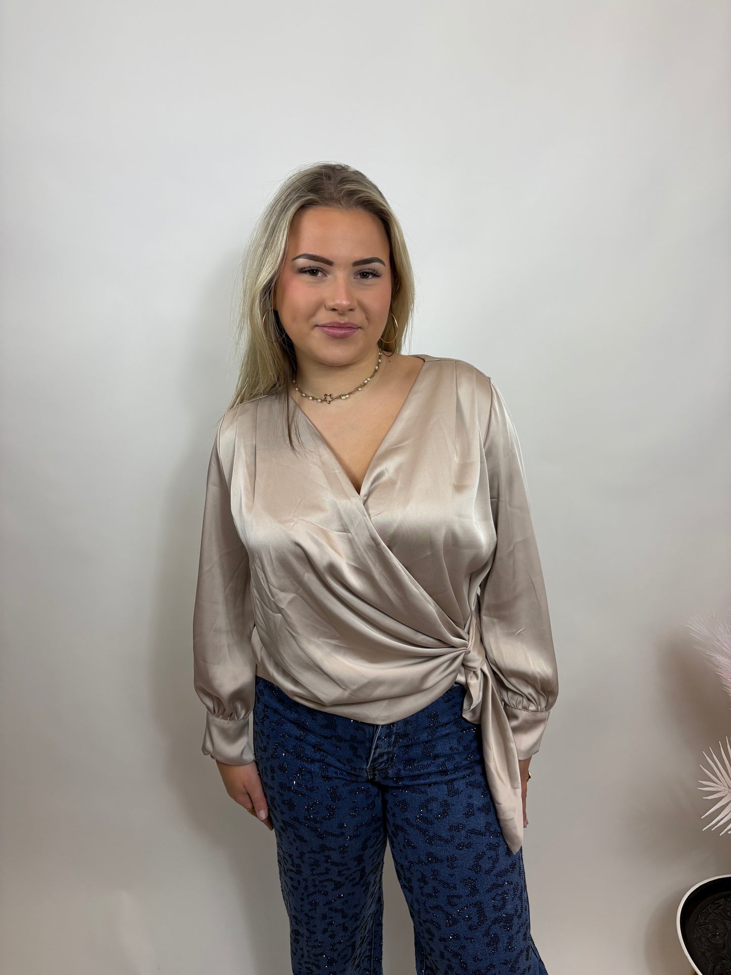 SILKY WRAP BLOUSE MET STRIKDETAIL TAUPE 139201