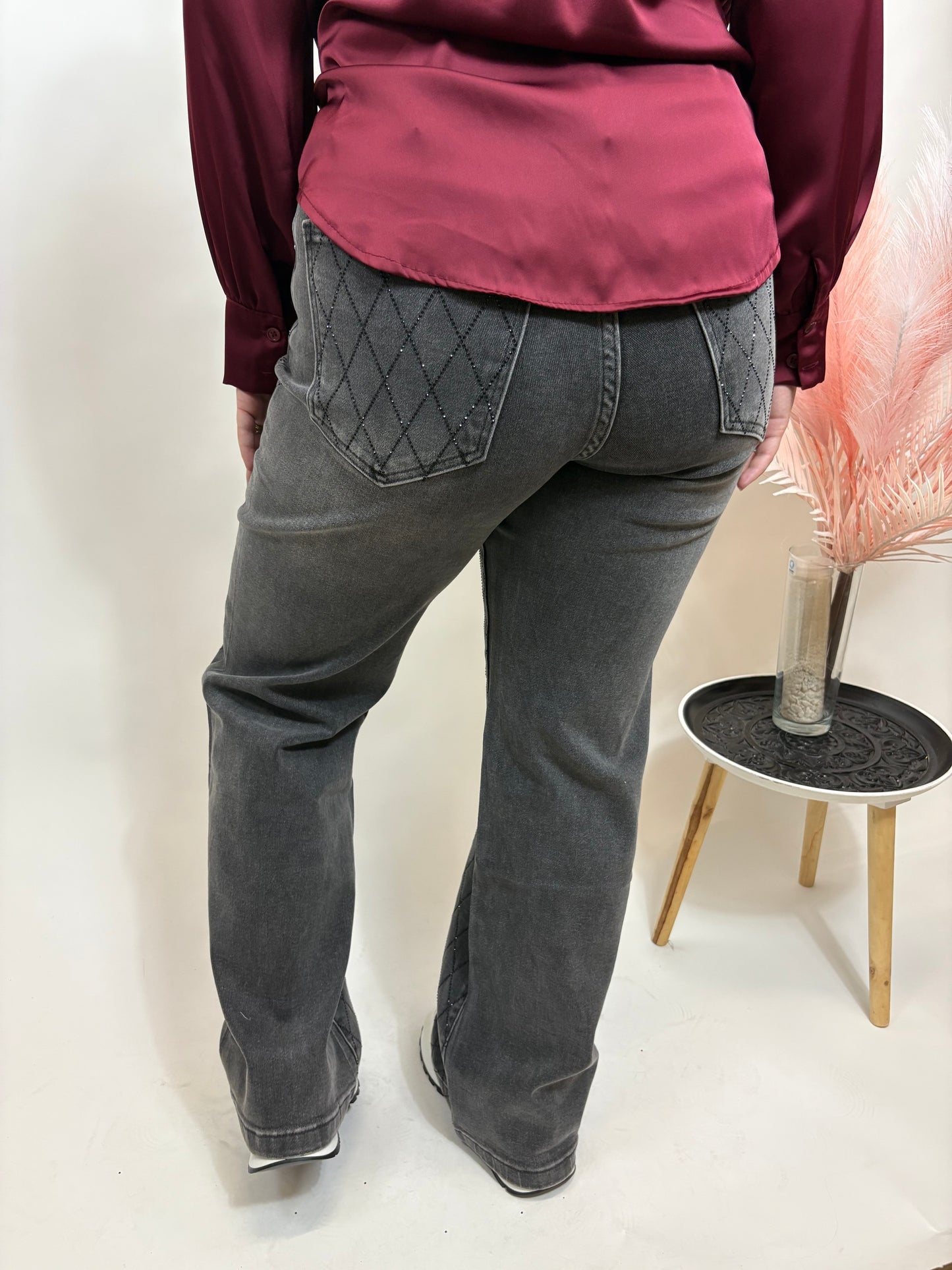 STRAIGHT FIT FULL LENGTH JEANS MET RUITVORMIGE GLITTERPATROON GRIJS 6241