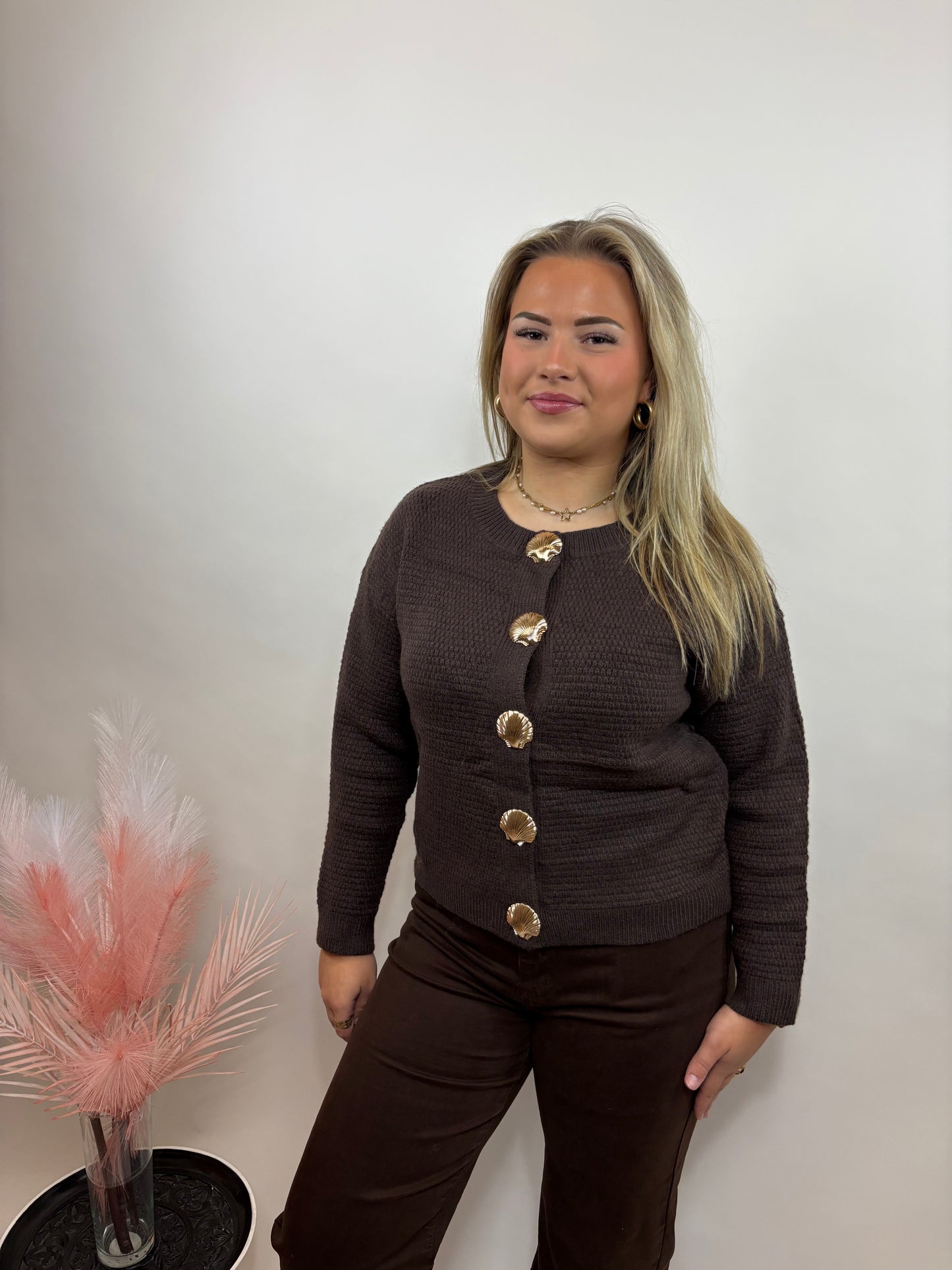 GEBREID DAMES TRUI MET SCHELPKNOPEN BRUIN 758