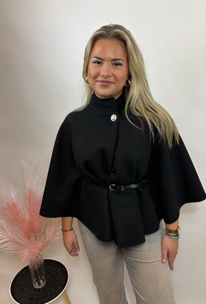 DAMES PONCHO MET CEINTUUR ZWART 4004