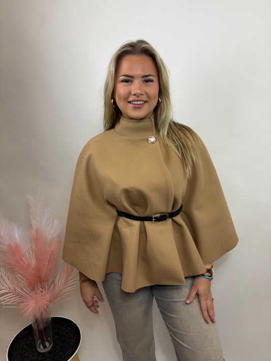 DAMES PONCHO MET CEINTUUR TAUPE 4004