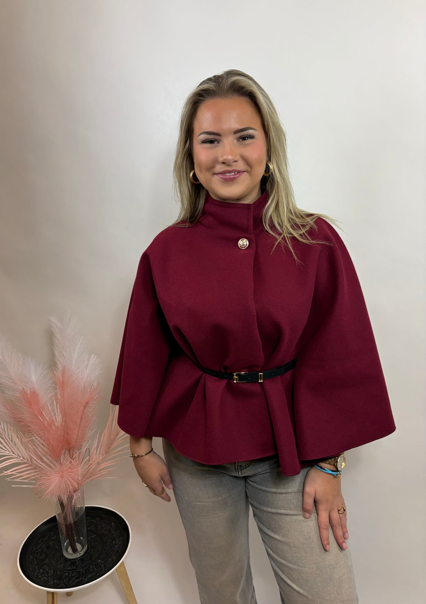 DAMES PONCHO MET CEINTUUR BORDEAUX 4004