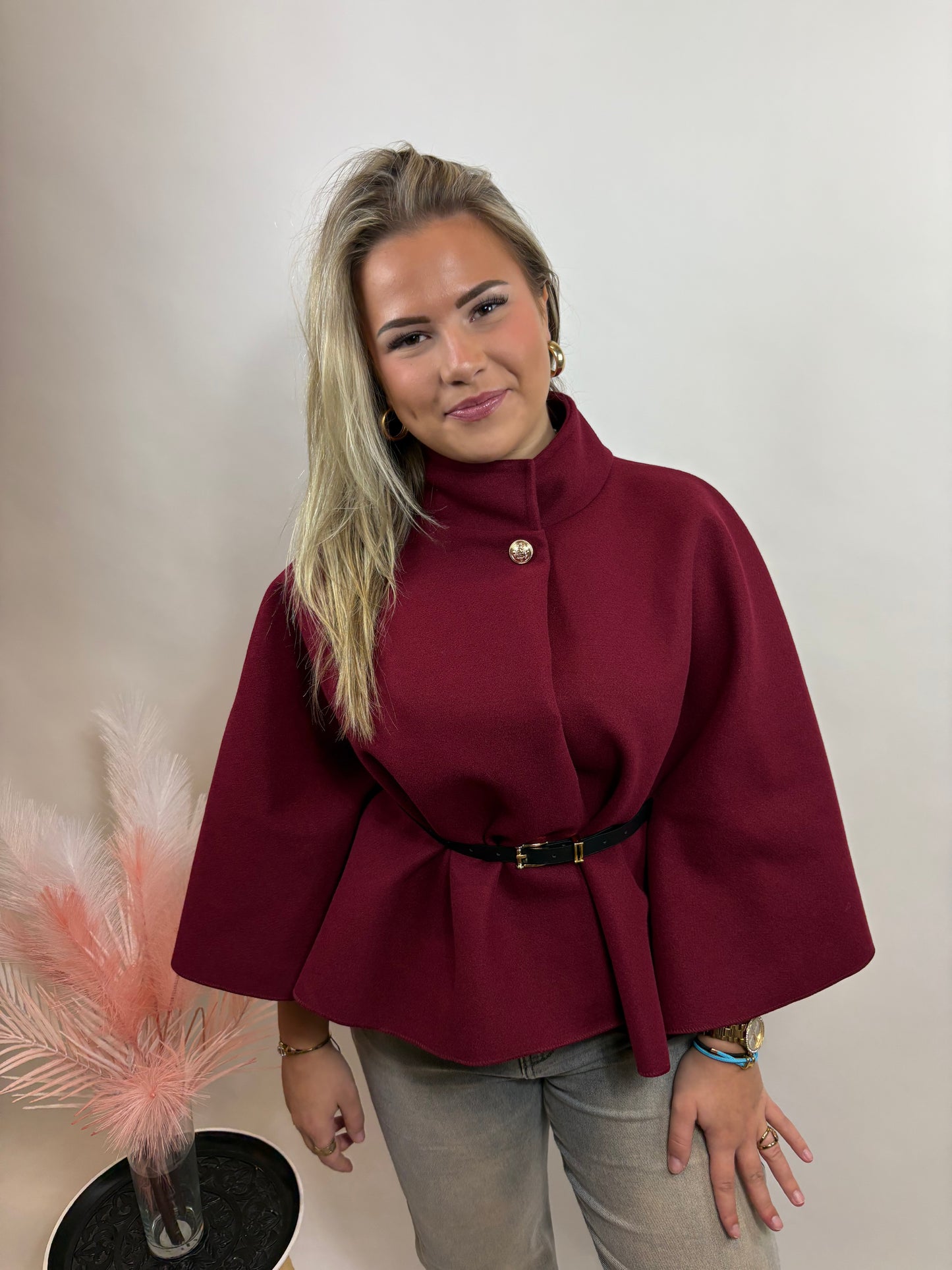 DAMES PONCHO MET CEINTUUR BORDEAUX 4004
