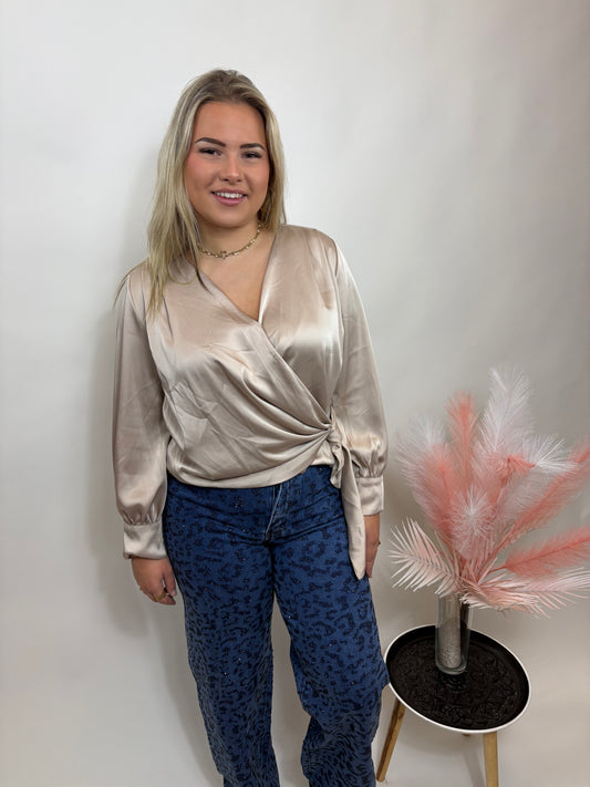 SILKY WRAP BLOUSE MET STRIKDETAIL TAUPE 139201