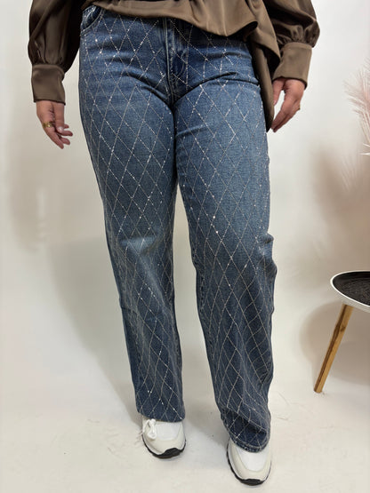 STRAIGHT FIT FULL LENGTH JEANS MET RUITVORMIGE GLITTERPATROON BLAUW 6241