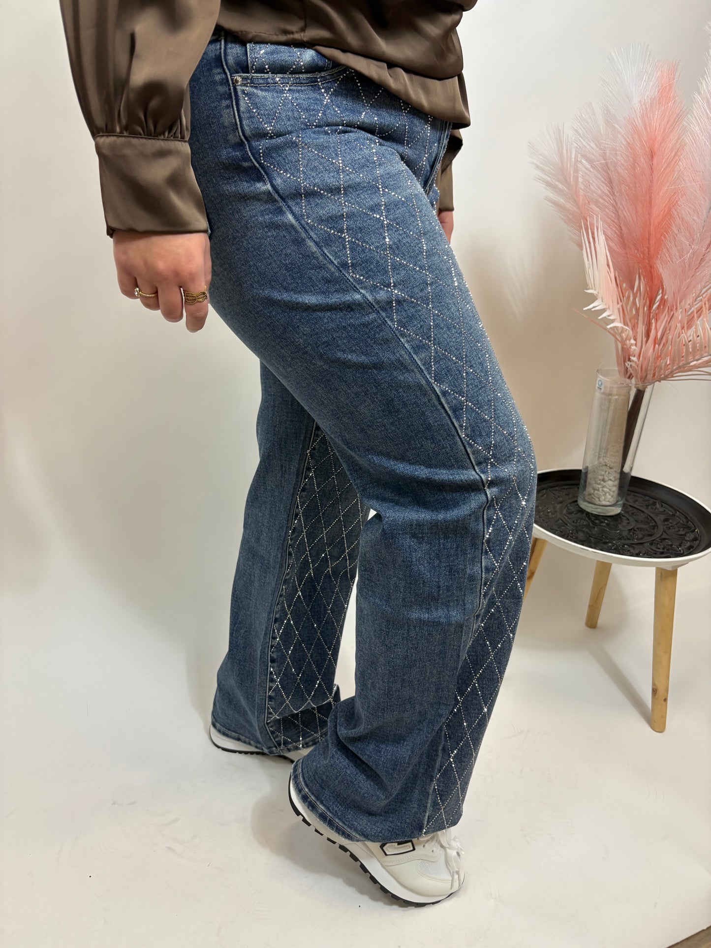STRAIGHT FIT FULL LENGTH JEANS MET RUITVORMIGE GLITTERPATROON BLAUW 6241
