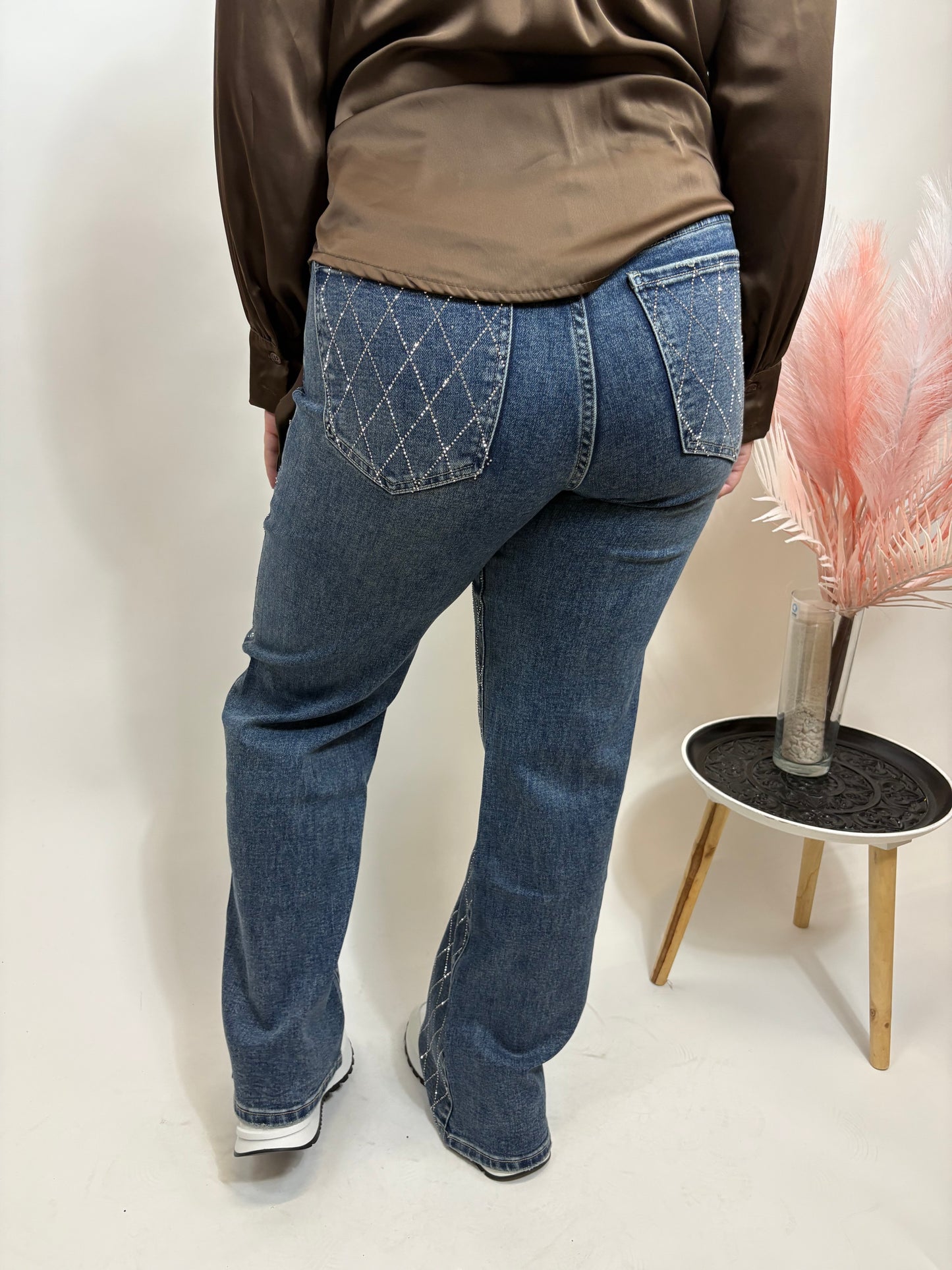 STRAIGHT FIT FULL LENGTH JEANS MET RUITVORMIGE GLITTERPATROON BLAUW 6241