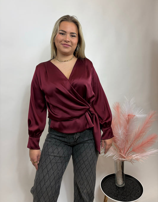 SILKY WRAP BLOUSE MET STRIKDETAIL BORDEAUX 139201