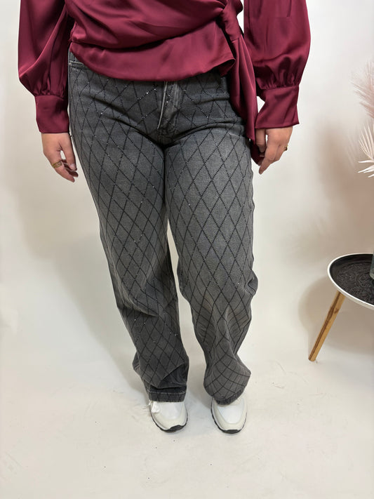 STRAIGHT FIT FULL LENGTH JEANS MET RUITVORMIGE GLITTERPATROON GRIJS 6241