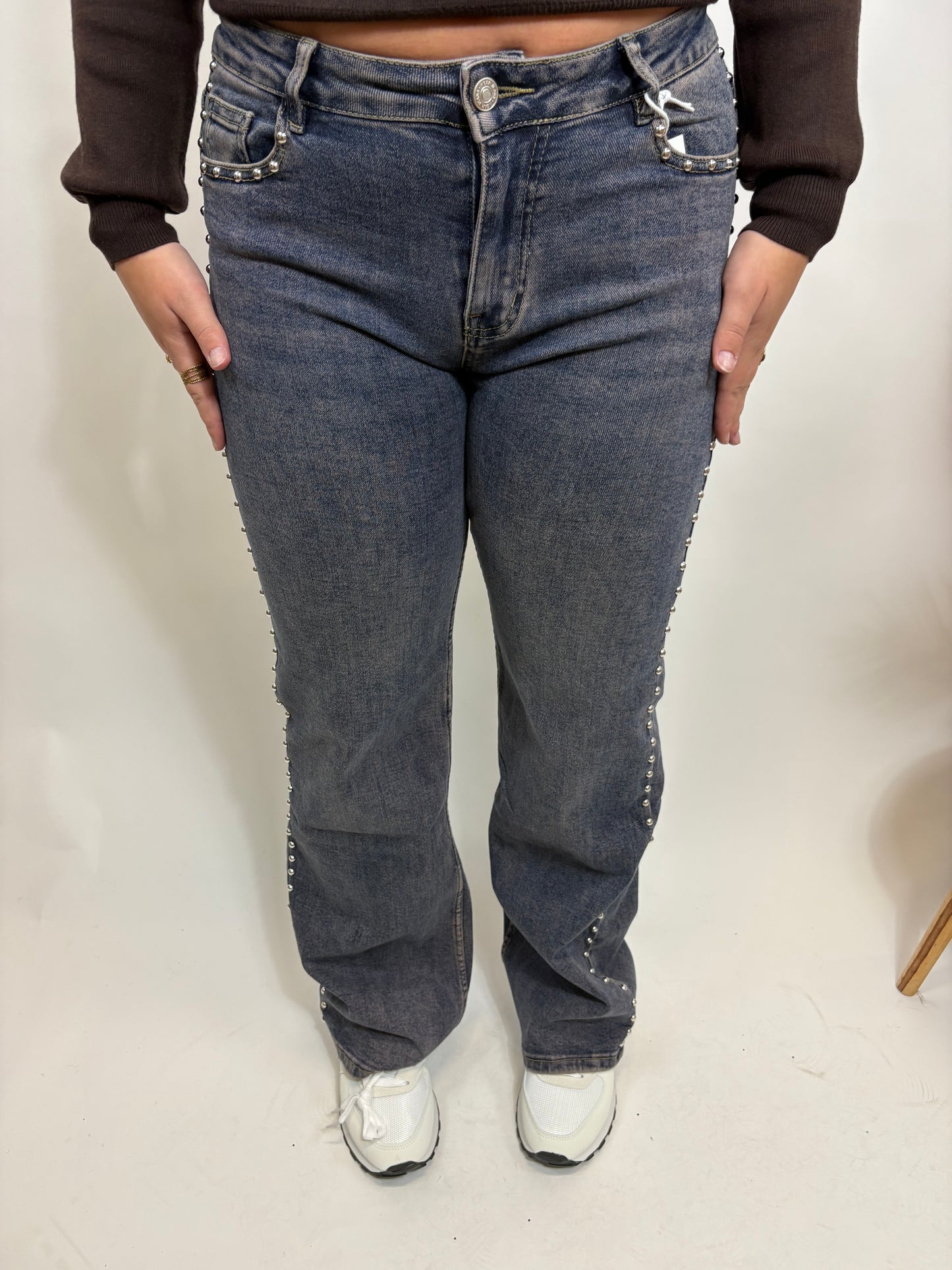 SUPER STRETCH LOW WAIST PEARLS WIDE LEG JEANS BLAUW 1518