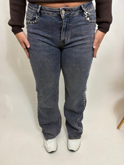 SUPER STRETCH LOW WAIST PEARLS WIDE LEG JEANS BLAUW 1518