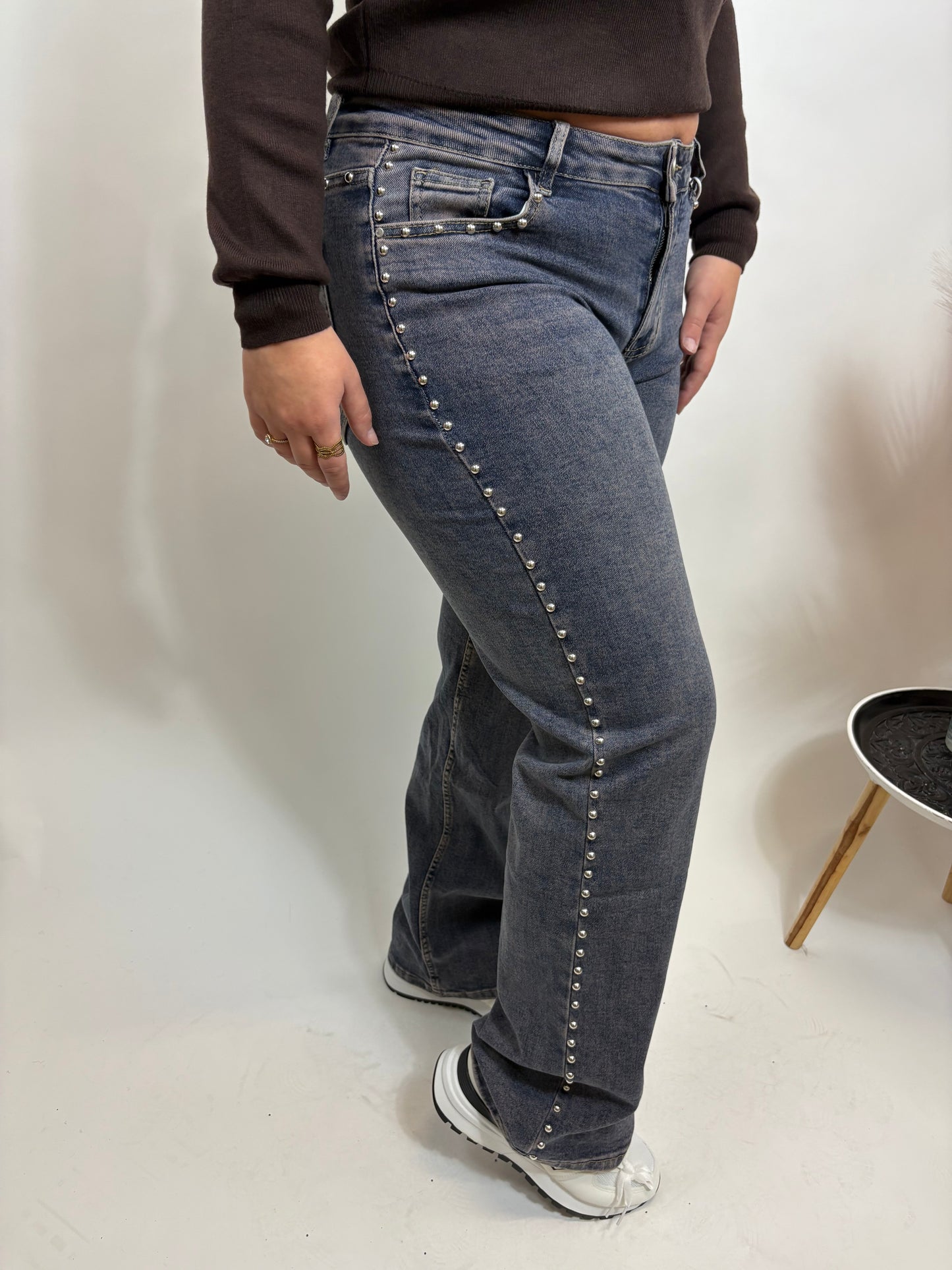 SUPER STRETCH LOW WAIST PEARLS WIDE LEG JEANS BLAUW 1518
